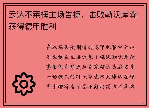 云达不莱梅主场告捷，击败勒沃库森获得德甲胜利